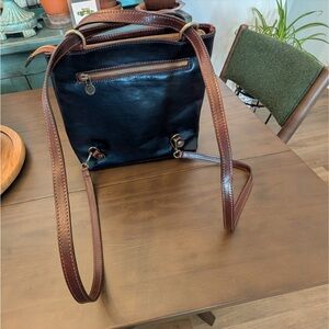 Unique Italian Leather Convertible Backpack Tote Navy blue with brown straps